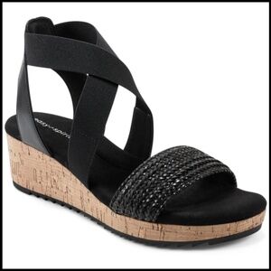 NWOB Easy Spirit Lorena Cork Wedge Sandals Black/Cork Womans 8M